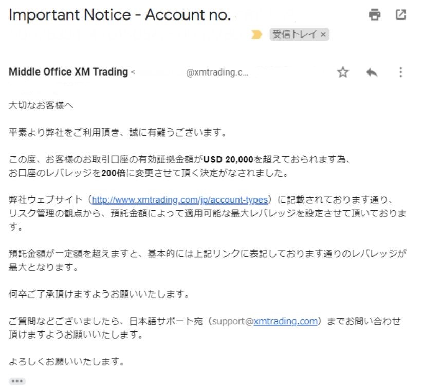 口座残高によるレバレッジ制限メール